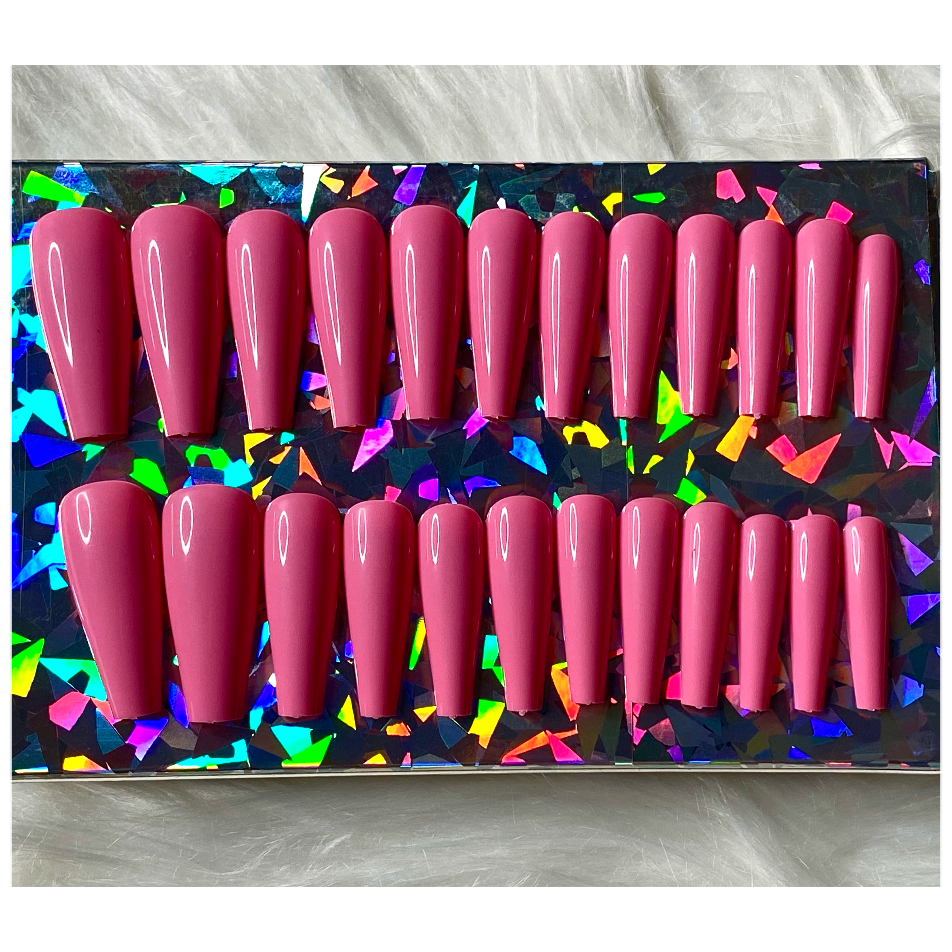 24 piece press on nail set - Long pink coffin shape press on nails